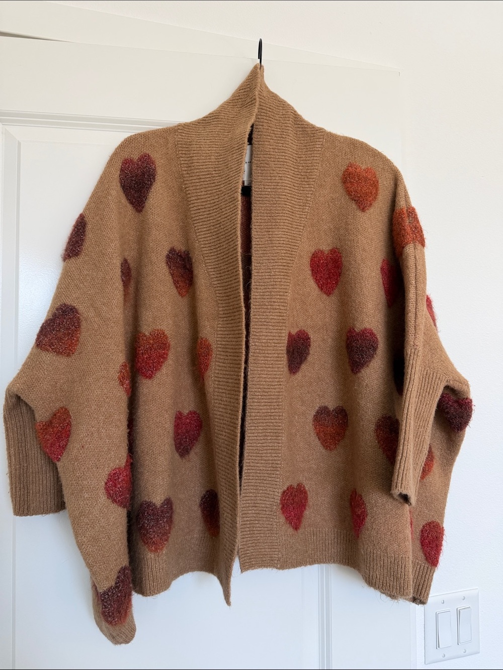Anthropologie Brown Cardigan with Red and Rust Heart Motifs